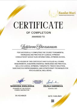 Сертификат Saodat Nuri International Hypnosis School (SN: KG140625) — клинический гипноз и гипнотерапия