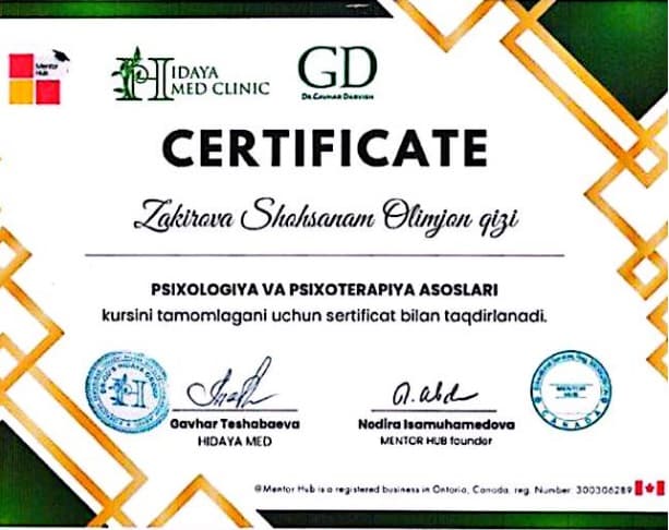 Сертификат Hidaya Med Clinic & Mentor Hub (Canada) — основы психологии и психотерапии (Закирова Шохсанам Олимжон кизи)